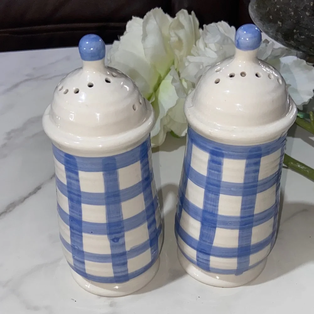 Country Living Blue and White Checkered Ceramic Salt and Pepper Shakers